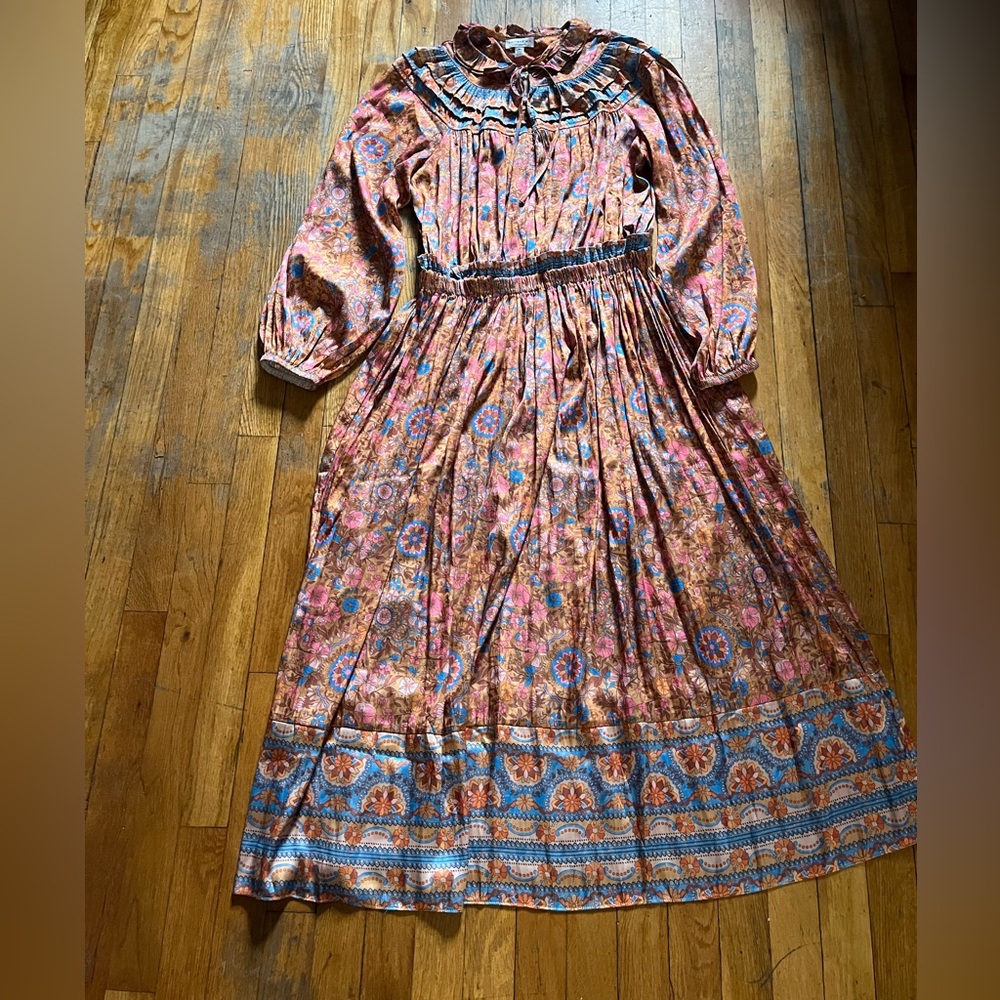 Current Air Long Sleeve Maxi Dress in Rust Pink and Blue Floral
